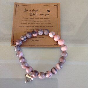 Pink Zebra Jasper Stone 8" Bracelet with Silver Heart Charm